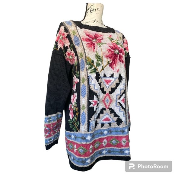 Vintage Floral Tapestry Knit Sweater Bold Boho Grandmacore Statement Pullover L - Picture 1 of 8